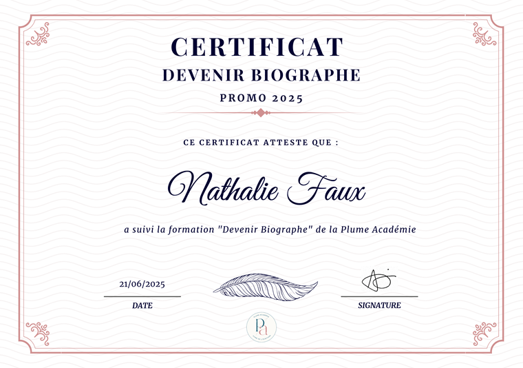certificat biographe Nathalie Faux